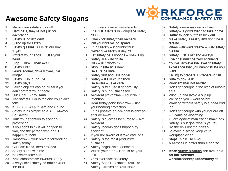 A List Of Safety Slogans Workforce Compliance Safety Ltd 